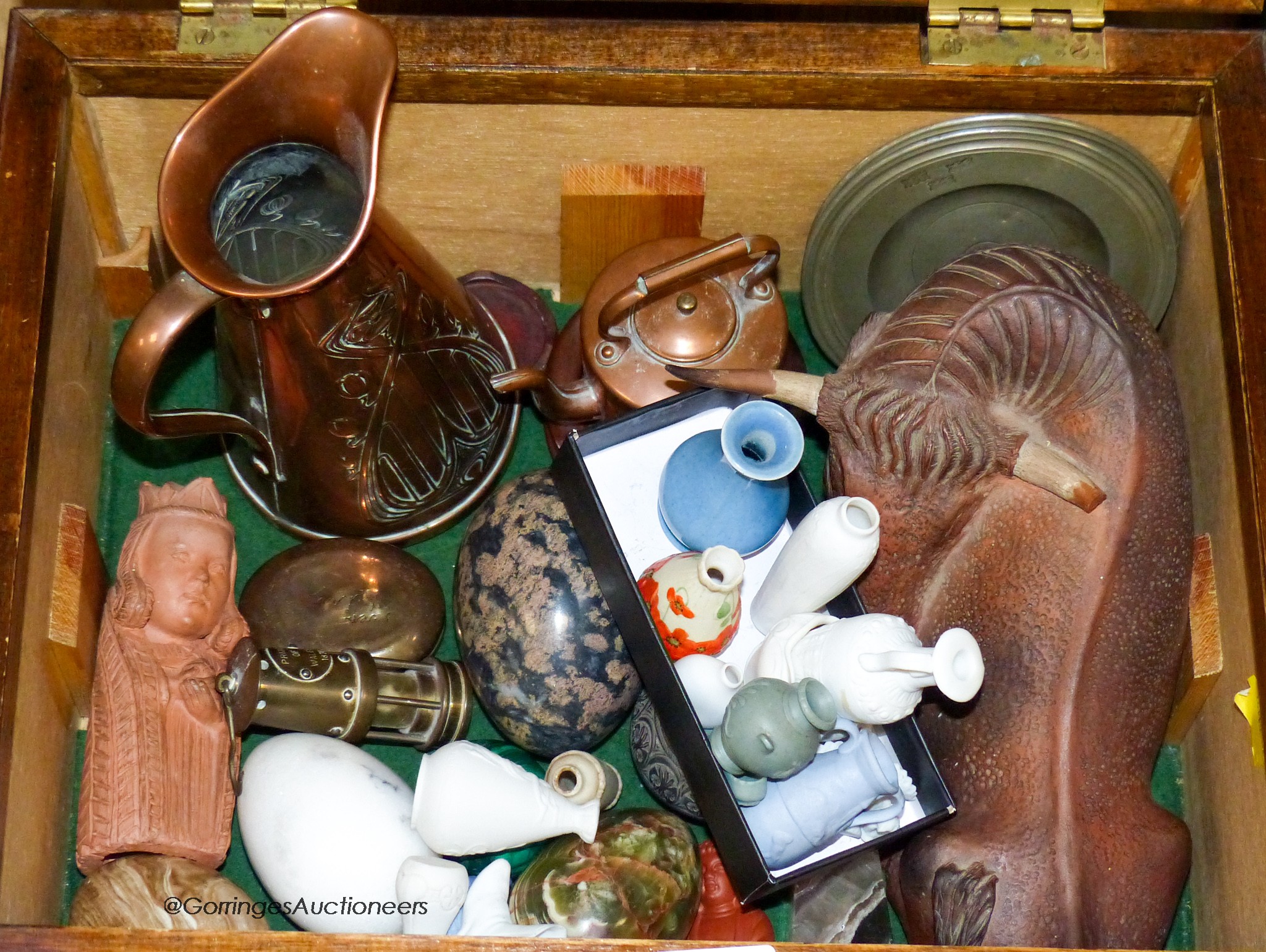 A Blue John obelisque and a quantity of mixed collectables, stone eggs, metalware, etc.